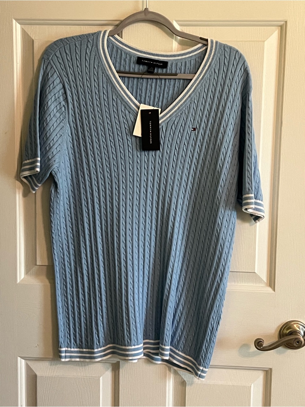 Tommy Hilfiger Sky Blue Cable Knit V-Neck Sweater Top